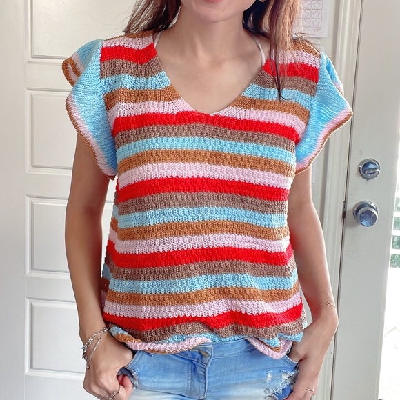 Vibrant Color Block Stripes ruffle Sleeve Blouse - Picture 3 of 7